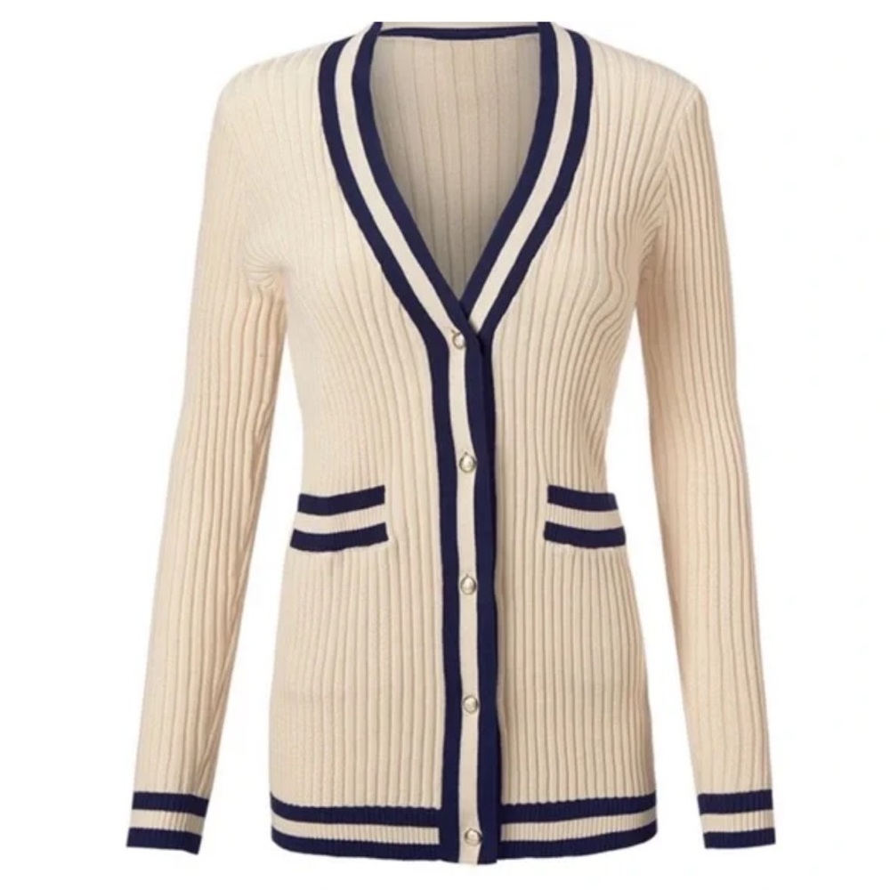 CAbi Radcliffe Ivy League Stripe Cardigan Cream with Navy Stripes S